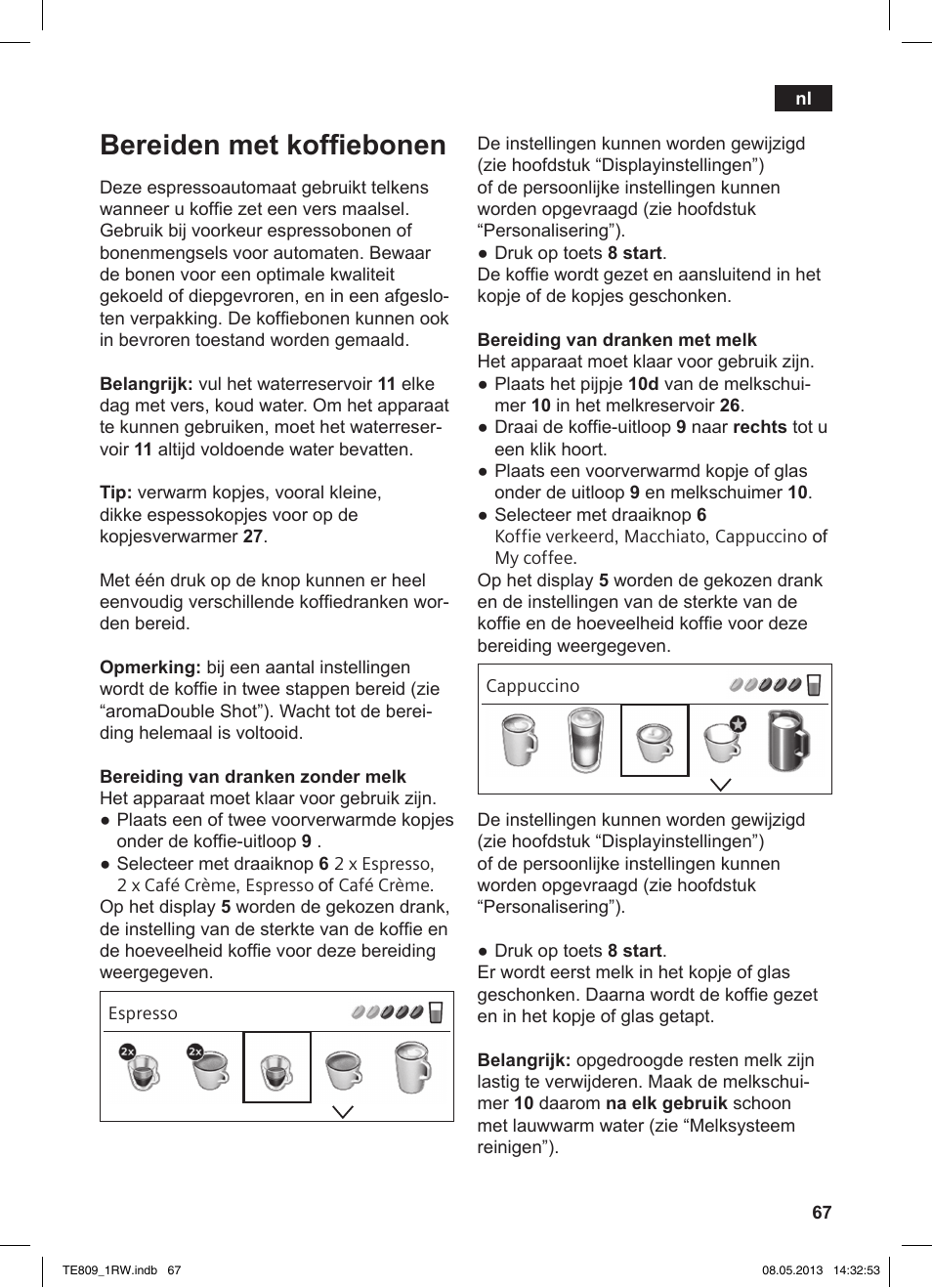 Bereiden met koffiebonen | Siemens TE809201RW User Manual | Page 71 / 172