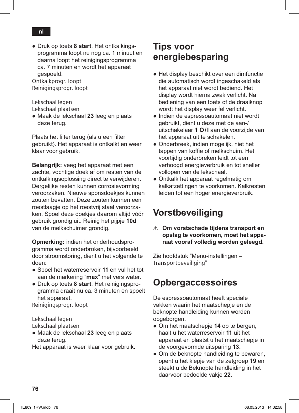 Tips voor energiebesparing, Vorstbeveiliging, Opbergaccessoires | Siemens TE809201RW User Manual | Page 80 / 172