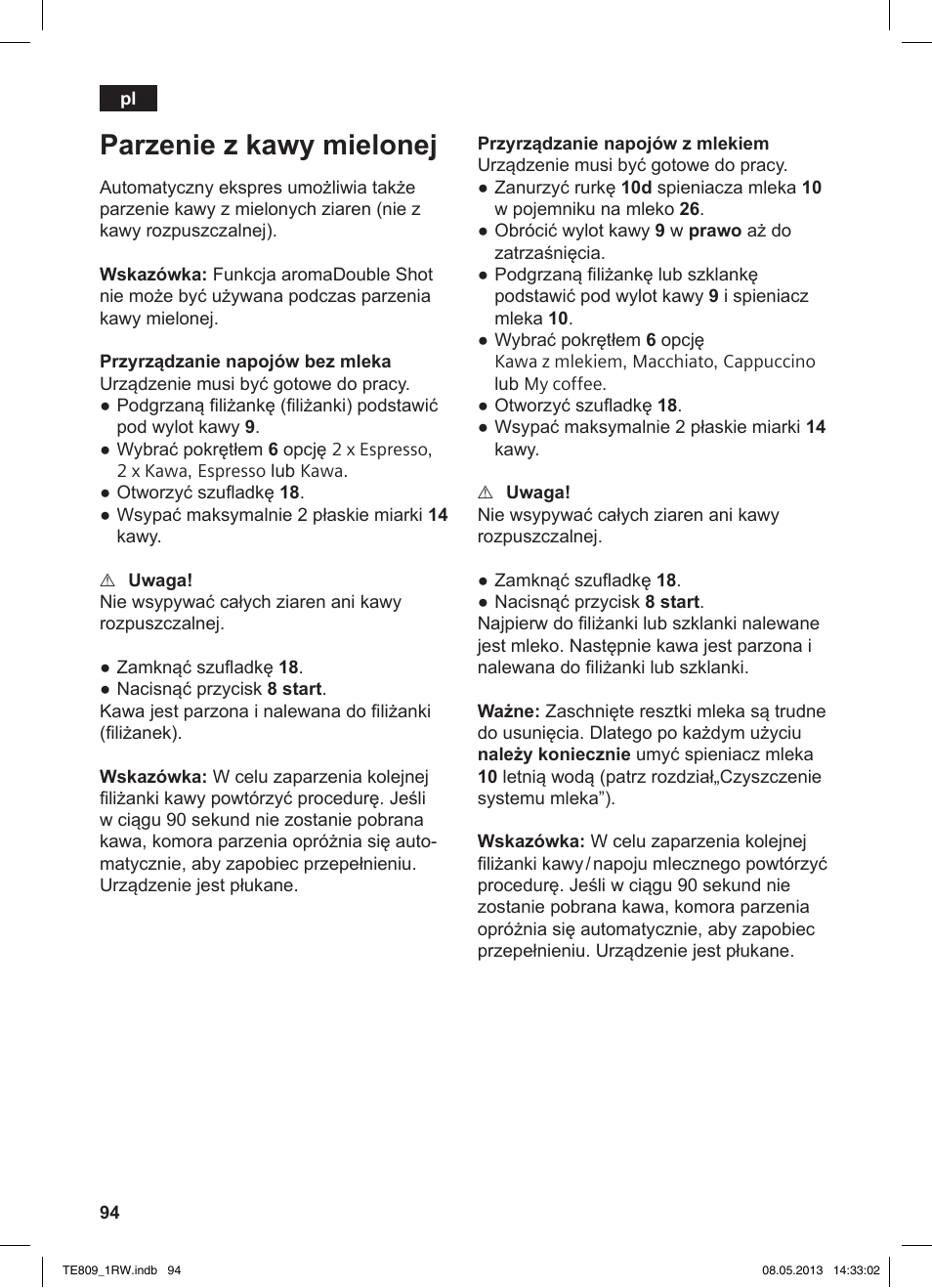 Parzenie z kawy mielonej | Siemens TE809201RW User Manual | Page 98 / 172