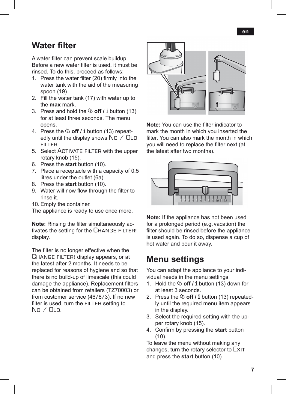 Water i lter, Menu settings, No / old filter | Activate filter, Change filter, Filter, No / old, Exit | Siemens TE506209RW User Manual | Page 11 / 124