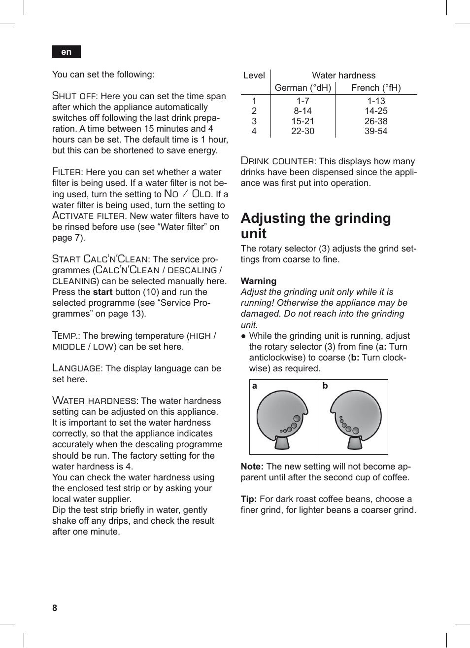 Adjusting the grinding unit, Shut off, Filter | No / old, Activate filter, Start calc‘n‘clean, Calc‘n‘clean, Descaling, Cleaning, Temp | Siemens TE506209RW User Manual | Page 12 / 124