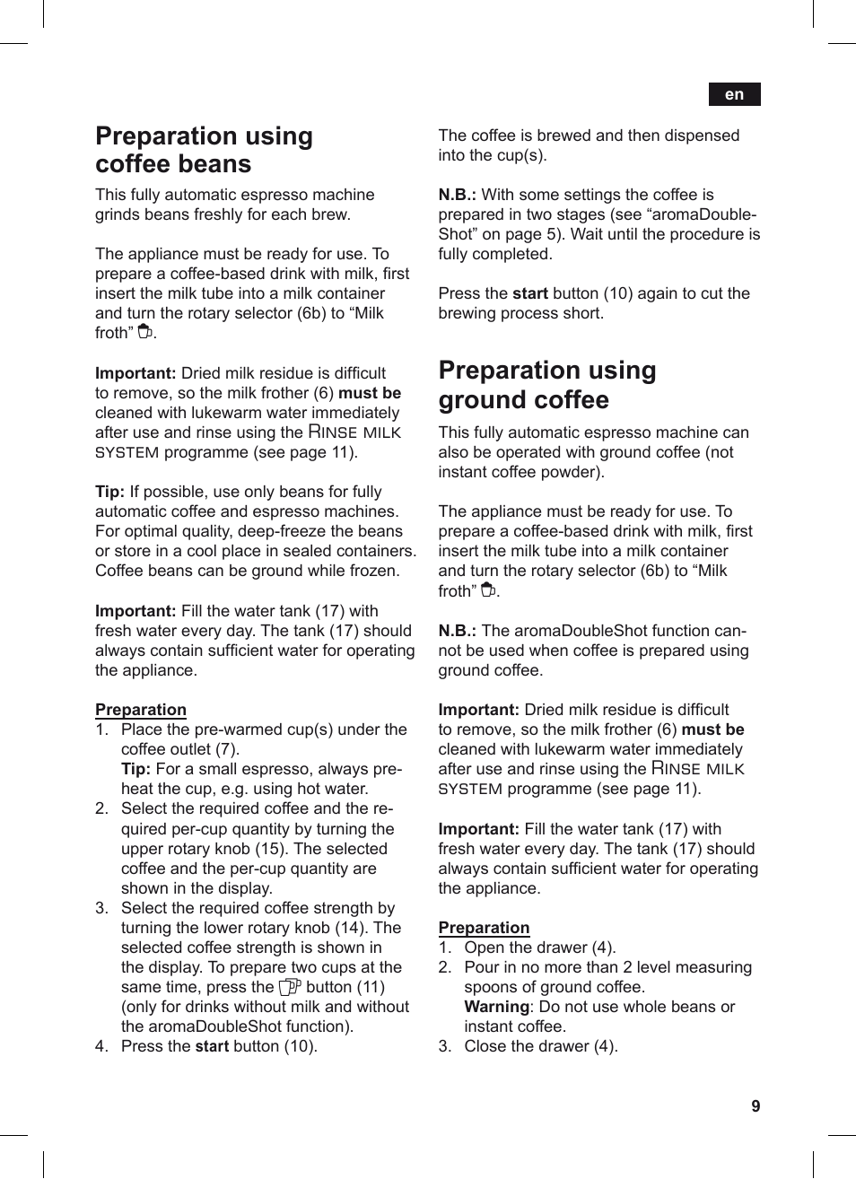 Preparation using coffee beans, Preparation using ground coffee, Rinse milk system | Siemens TE506209RW User Manual | Page 13 / 124