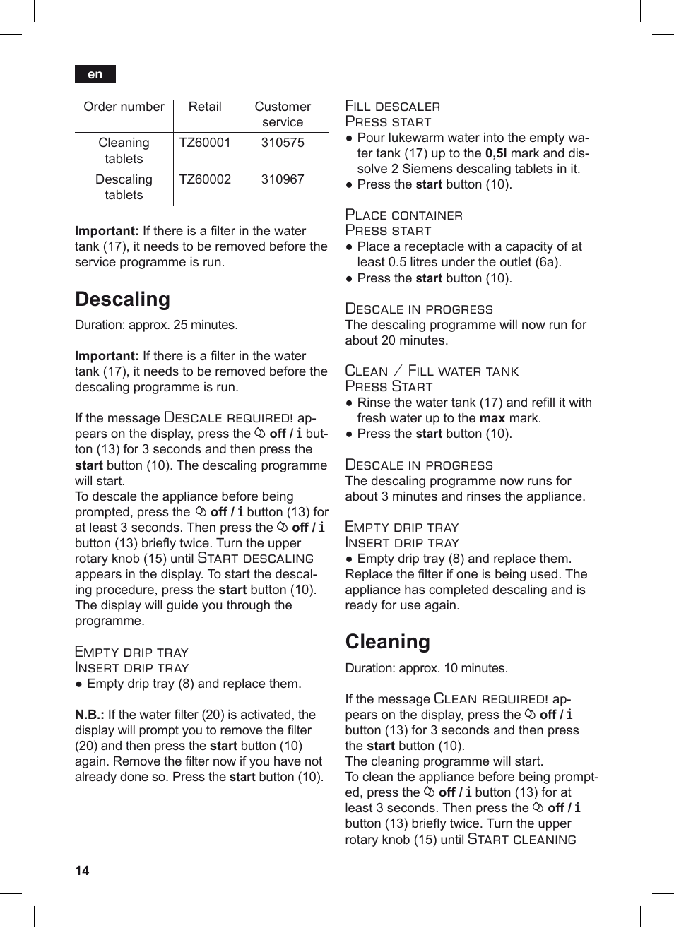 Descaling, Cleaning | Siemens TE506209RW User Manual | Page 18 / 124