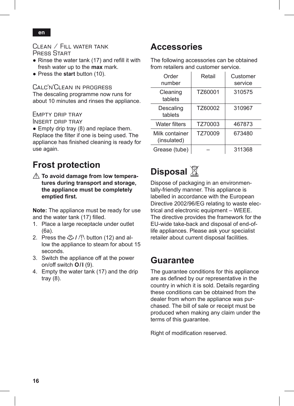 Frost protection, Accessories, Disposal | Guarantee, Clean / fill water tank press start, Calc‘n‘clean in progress, Empty drip tray insert drip tray | Siemens TE506209RW User Manual | Page 20 / 124