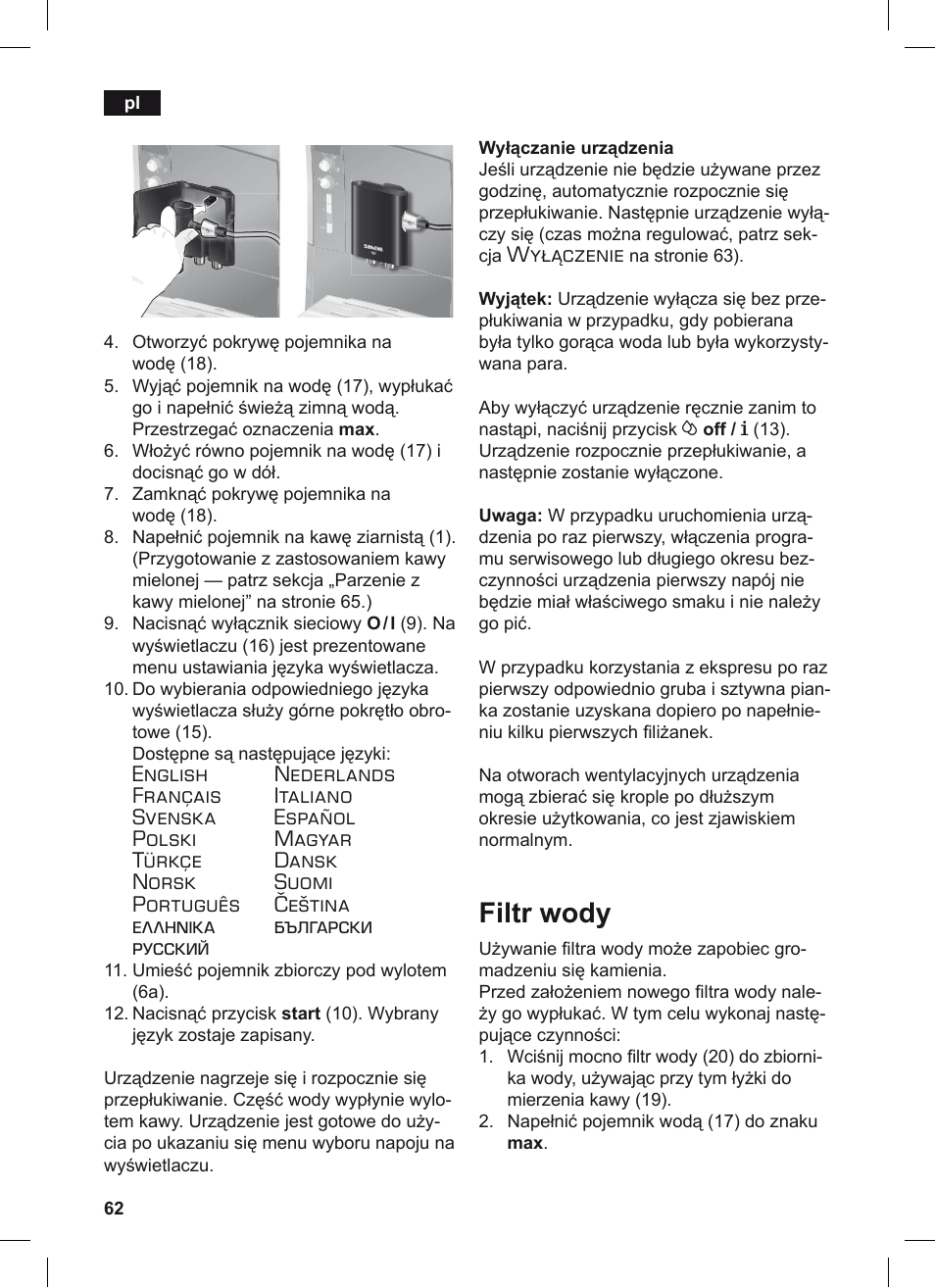 Filtr wody, Wyłączenie | Siemens TE506209RW User Manual | Page 66 / 124