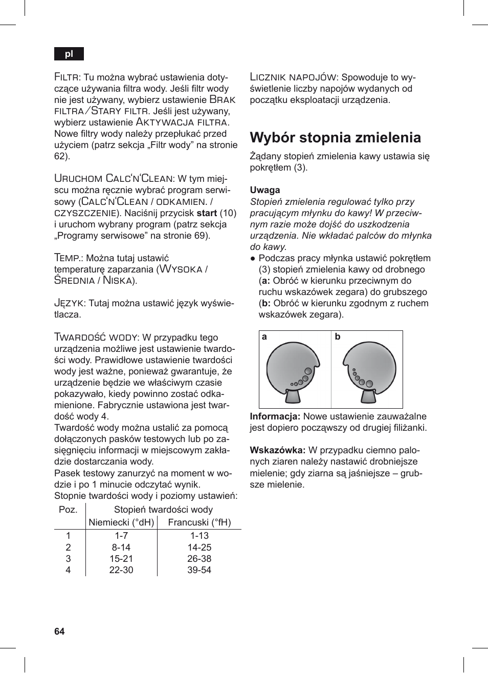 Wybór stopnia zmielenia, Filtr, Brak filtra/stary filtr | Aktywacja filtra, Uruchom calc‘n‘clean, Calc‘n‘clean, Odkamien, Czyszczenie, Temp, Wysoka | Siemens TE506209RW User Manual | Page 68 / 124