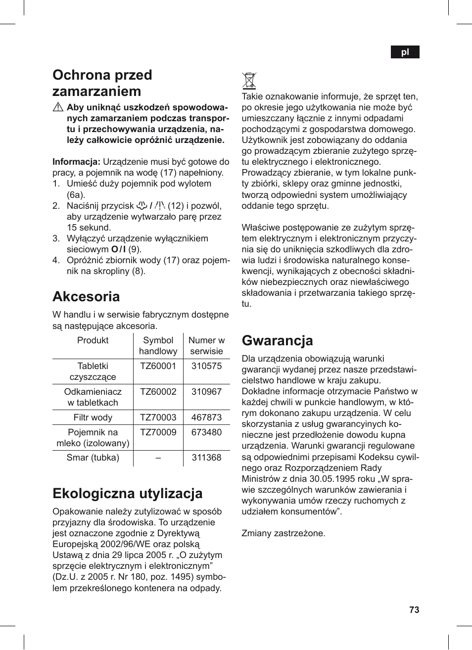 Ochrona przed zamarzaniem, Akcesoria, Ekologiczna utylizacja | Gwarancja | Siemens TE506209RW User Manual | Page 77 / 124