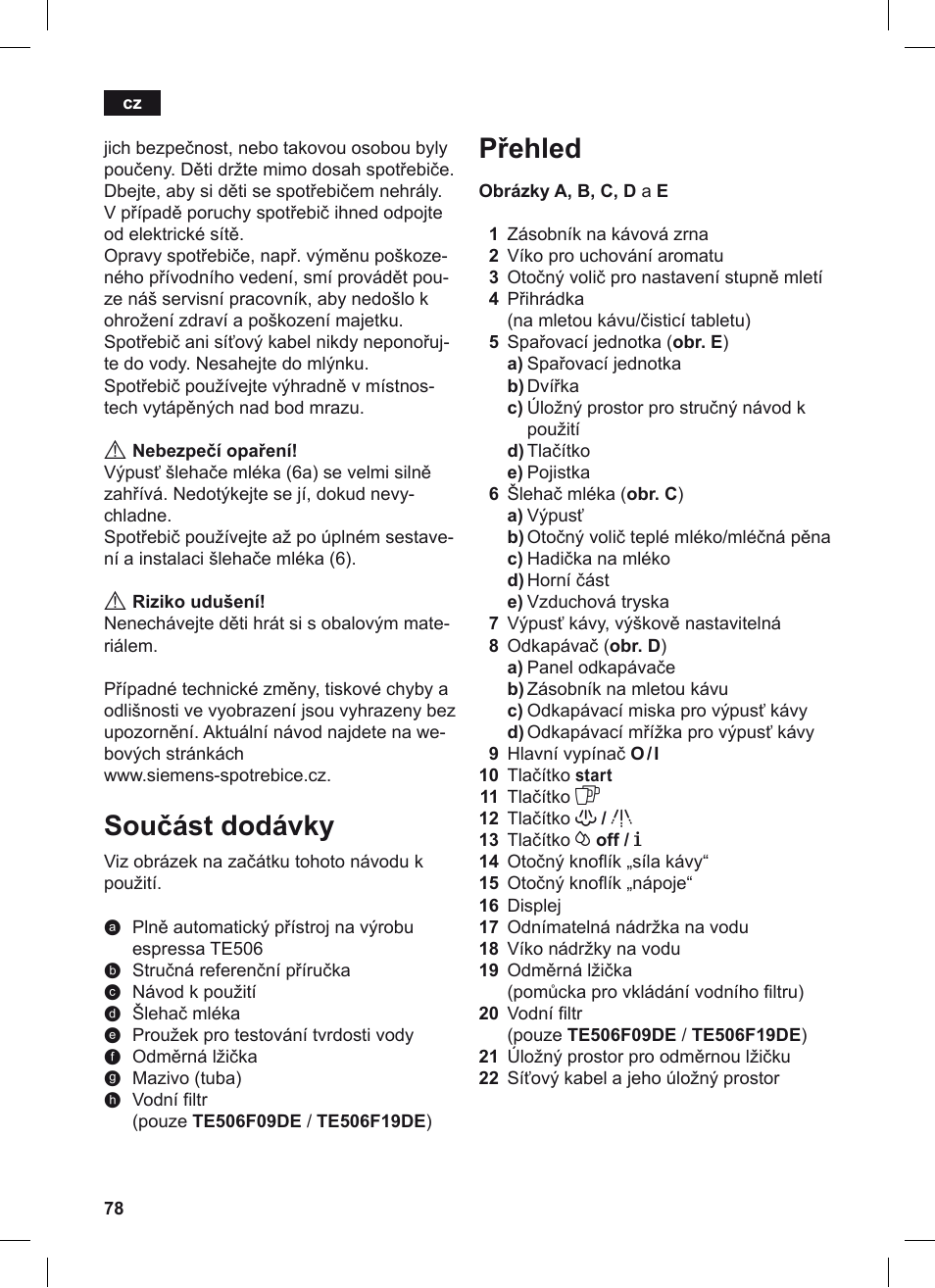 Součást dodávky, Přehled | Siemens TE506209RW User Manual | Page 82 / 124