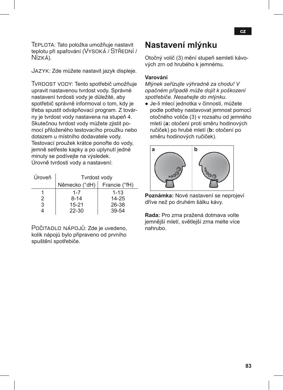 Nastavení mlýnku, Teplota, Vysoká | Střední, Nízká, Jazyk, Tvrdost vody, Počitadlo nápojů | Siemens TE506209RW User Manual | Page 87 / 124