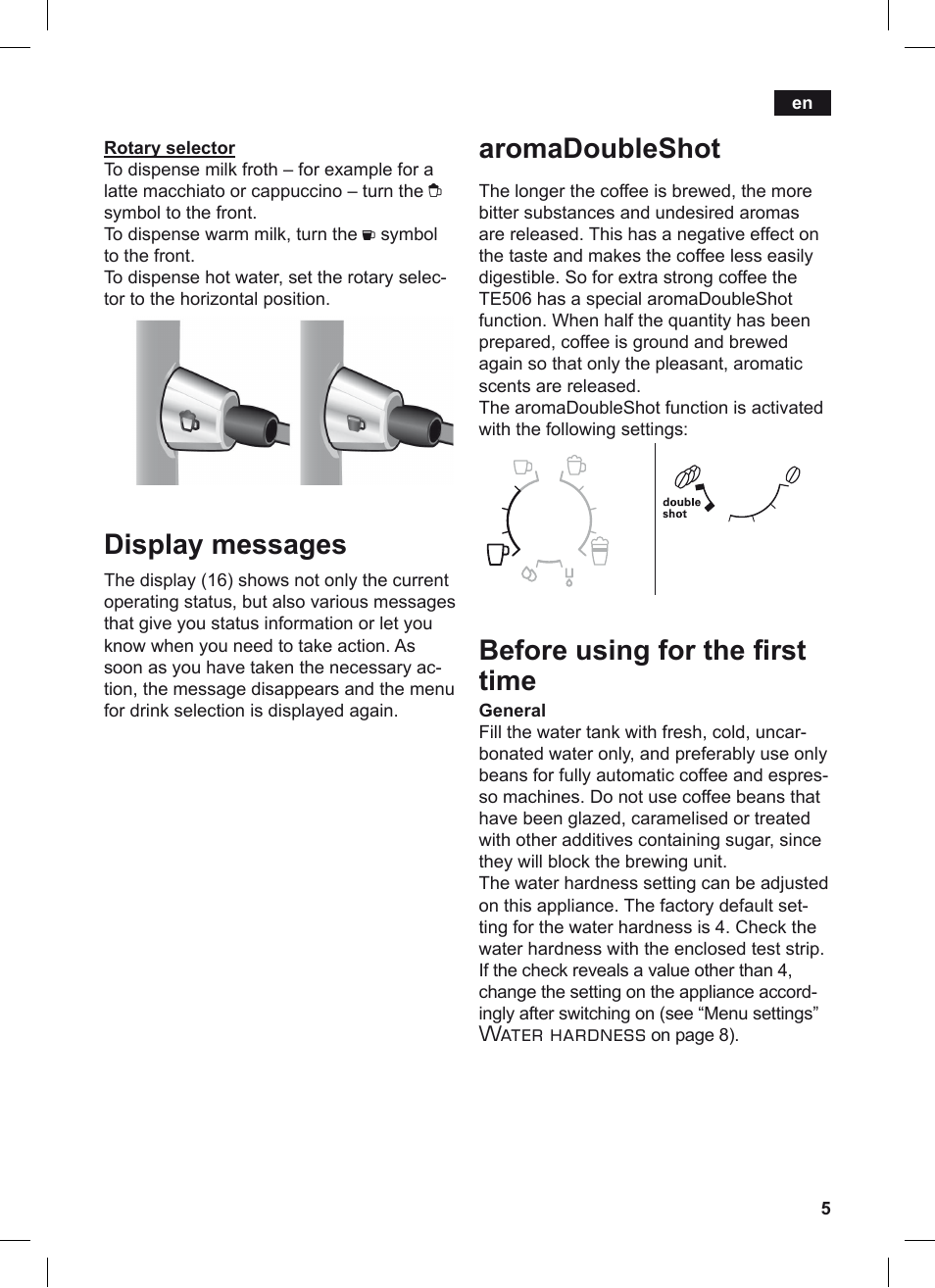 Display messages, Aromadoubleshot, Before using for the i rst time | Water hardness | Siemens TE506209RW User Manual | Page 9 / 124