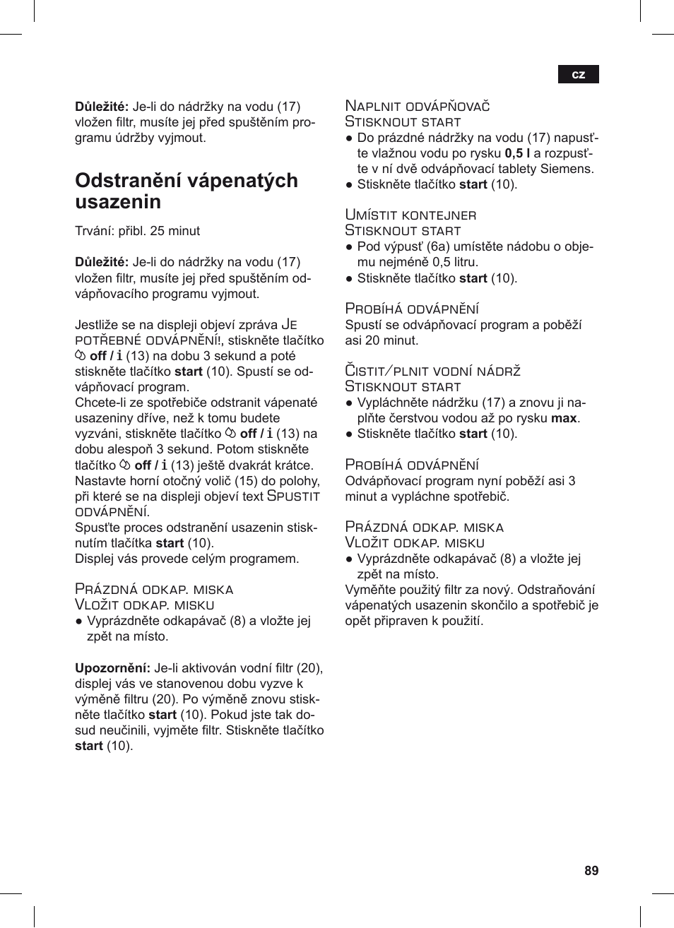 Odstranění vápenatých usazenin | Siemens TE506209RW User Manual | Page 93 / 124