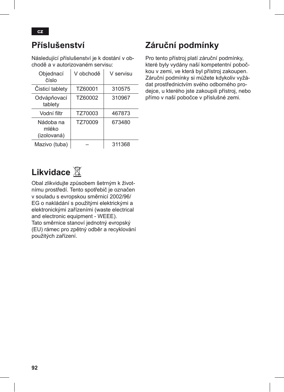 Příslušenství, Likvidace, Záruční podmínky | Siemens TE506209RW User Manual | Page 96 / 124