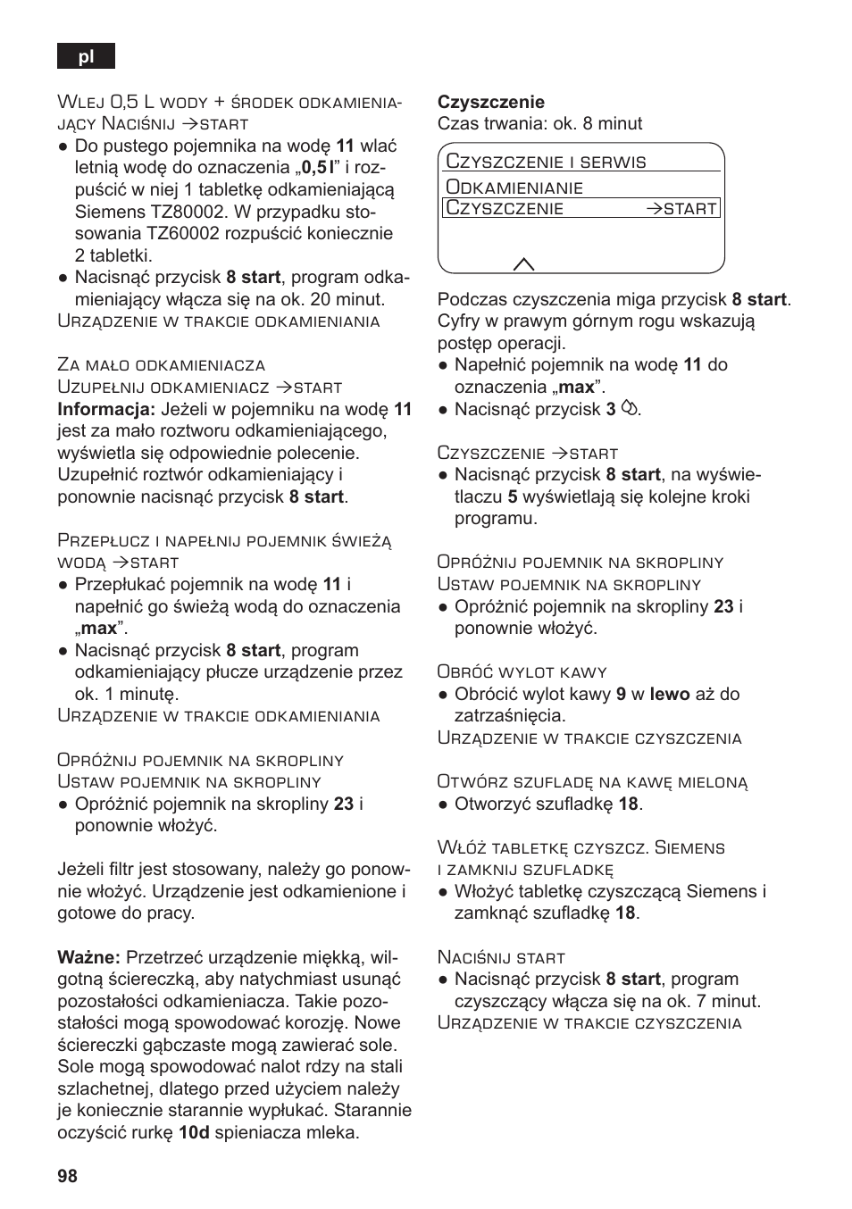 Czyszczenie i serwis odkamienianie czyszczenie, Start | Siemens TE803209RW User Manual | Page 102 / 168