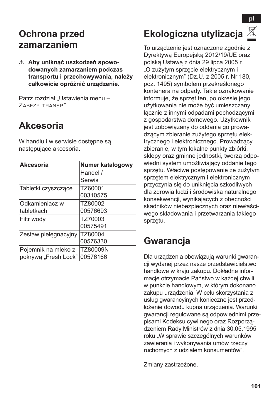 Ochrona przed zamarzaniem, Akcesoria, Ekologiczna utylizacja | Gwarancja | Siemens TE803209RW User Manual | Page 105 / 168