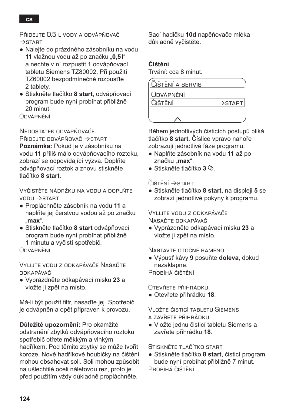 Čištění a servis odvápnění čištění, Start | Siemens TE803209RW User Manual | Page 128 / 168