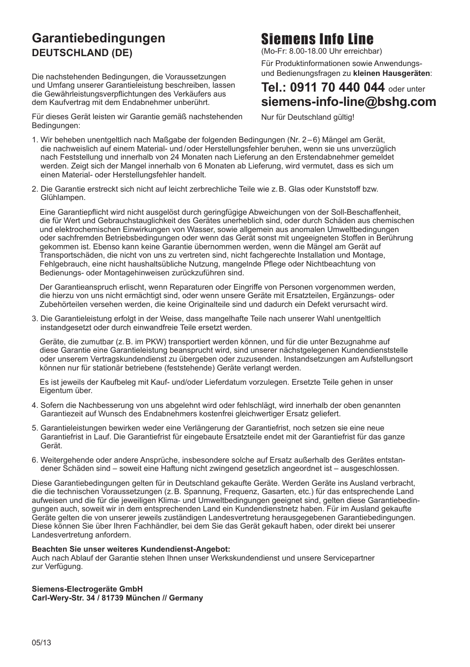 Siemens info line, Garantiebedingungen, Deutschland (de) | Siemens TE803209RW User Manual | Page 166 / 168