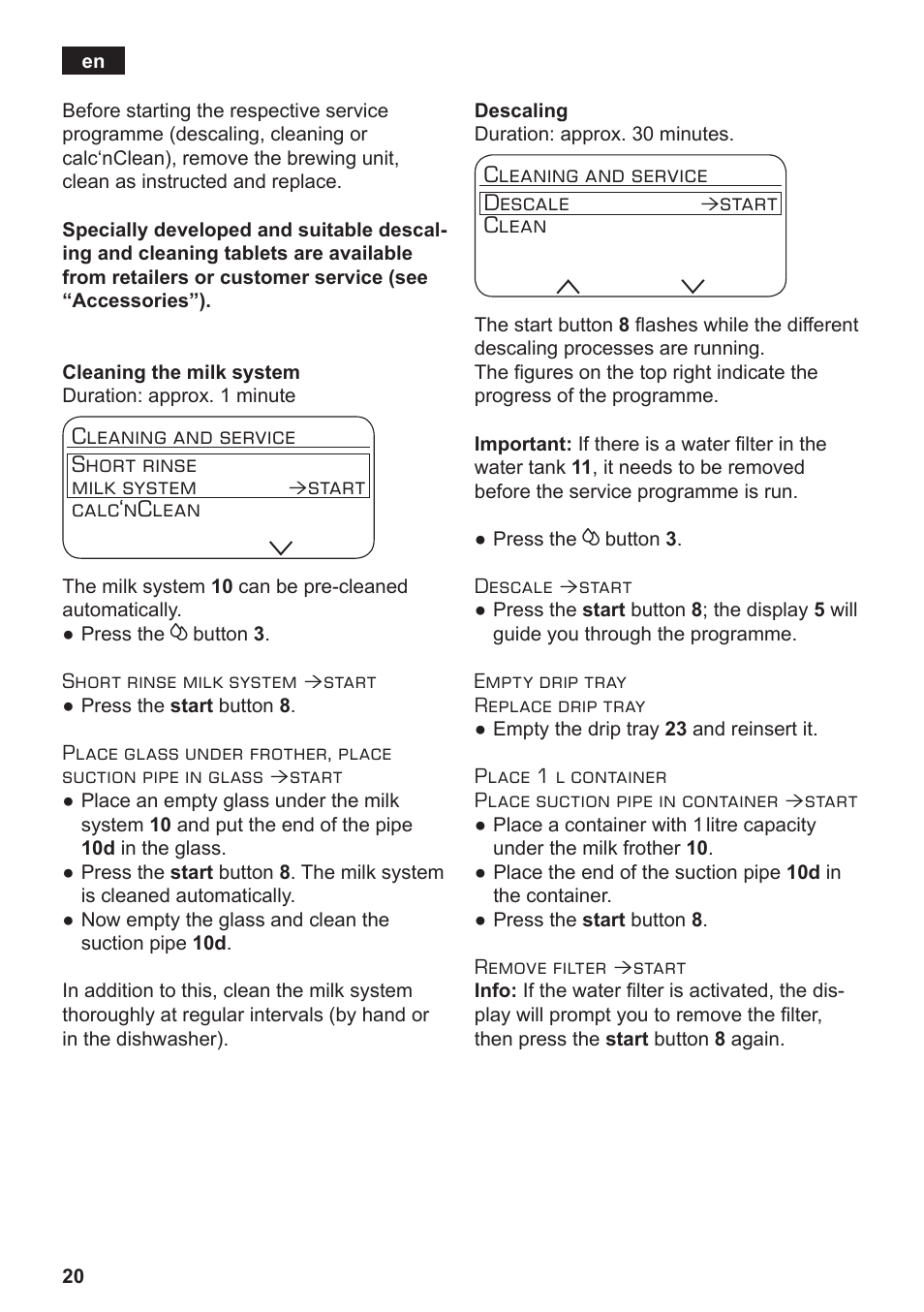 Cleaning and service short rinse milk system, Start calc‘nclean, Cleaning and service descale | Start clean | Siemens TE803209RW User Manual | Page 24 / 168