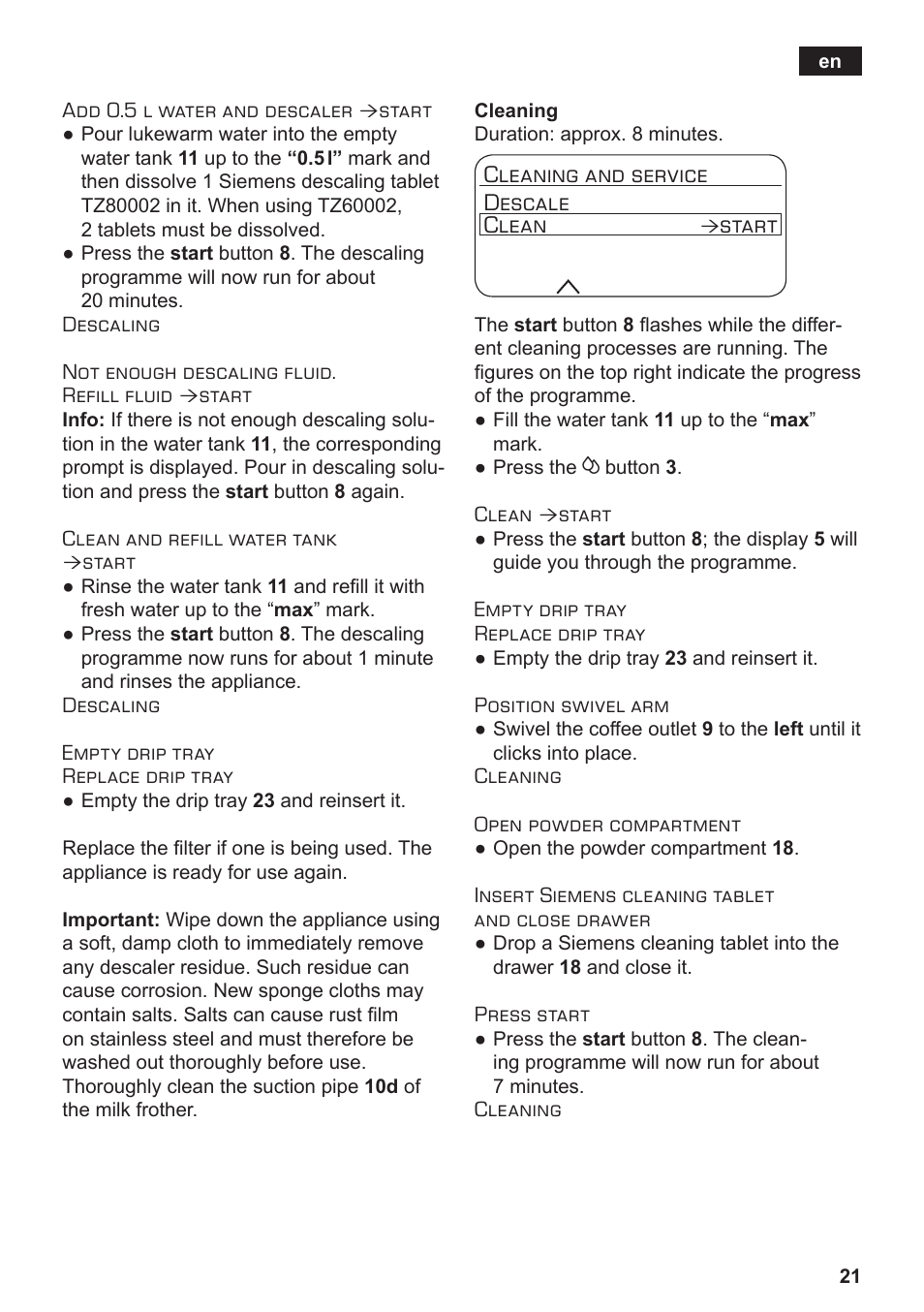 Cleaning and service descale clean, Start | Siemens TE803209RW User Manual | Page 25 / 168