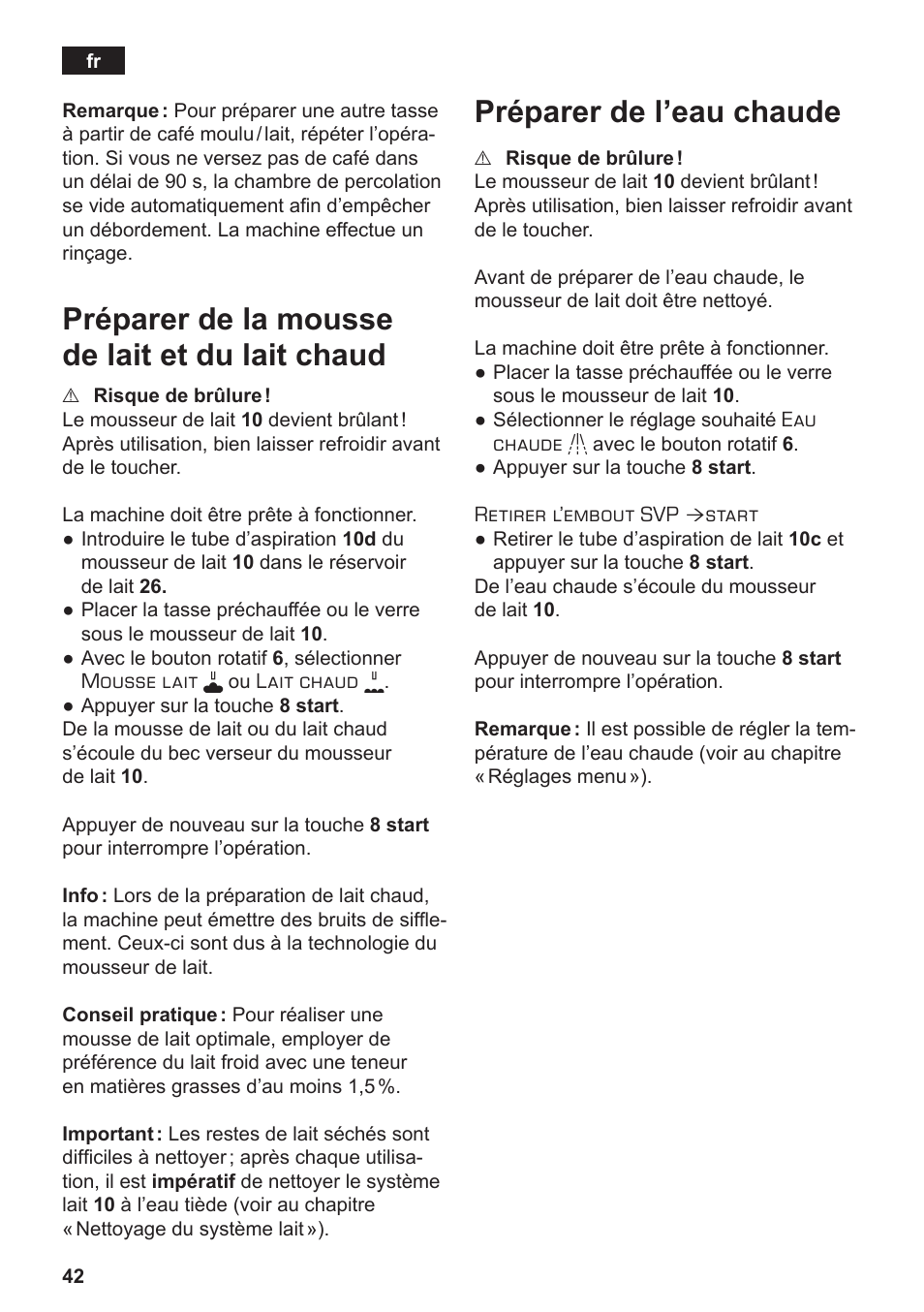 Préparer de la mousse de lait et du lait chaud, Préparer de l’eau chaude | Siemens TE803209RW User Manual | Page 46 / 168