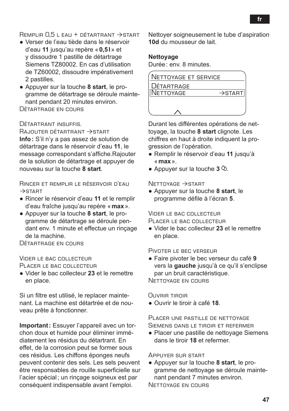 Nettoyage et service détartrage nettoyage, Start | Siemens TE803209RW User Manual | Page 51 / 168