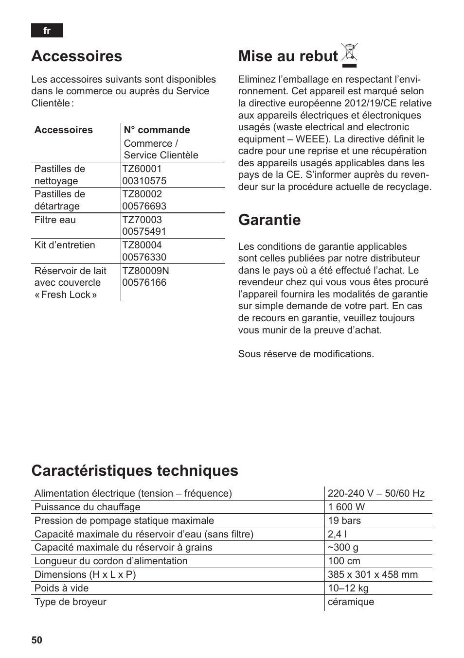 Accessoires, Mise au rebut, Garantie | Caractéristiques techniques | Siemens TE803209RW User Manual | Page 54 / 168