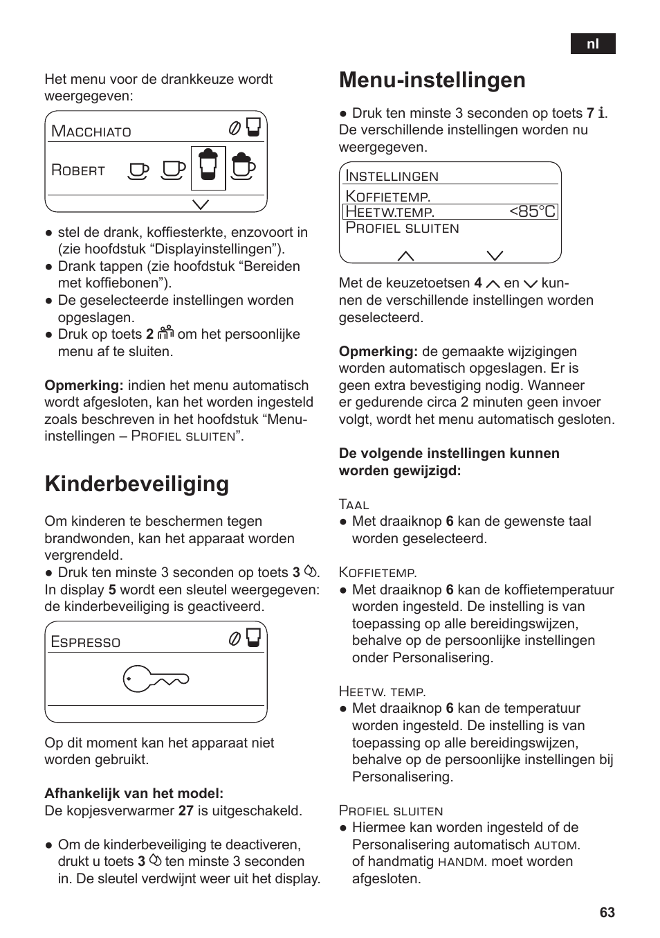 А б е ж, Kinderbeveiliging, Menu-instellingen | Siemens TE803209RW User Manual | Page 67 / 168