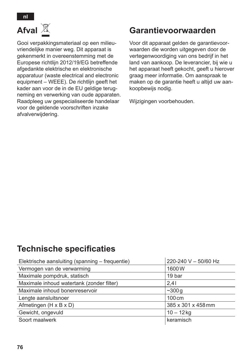 Technische specificaties, Afval, Garantievoorwaarden | Siemens TE803209RW User Manual | Page 80 / 168