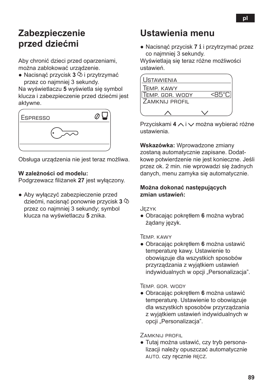 Zabezpieczenie przed dziećmi, Ustawienia menu | Siemens TE803209RW User Manual | Page 93 / 168