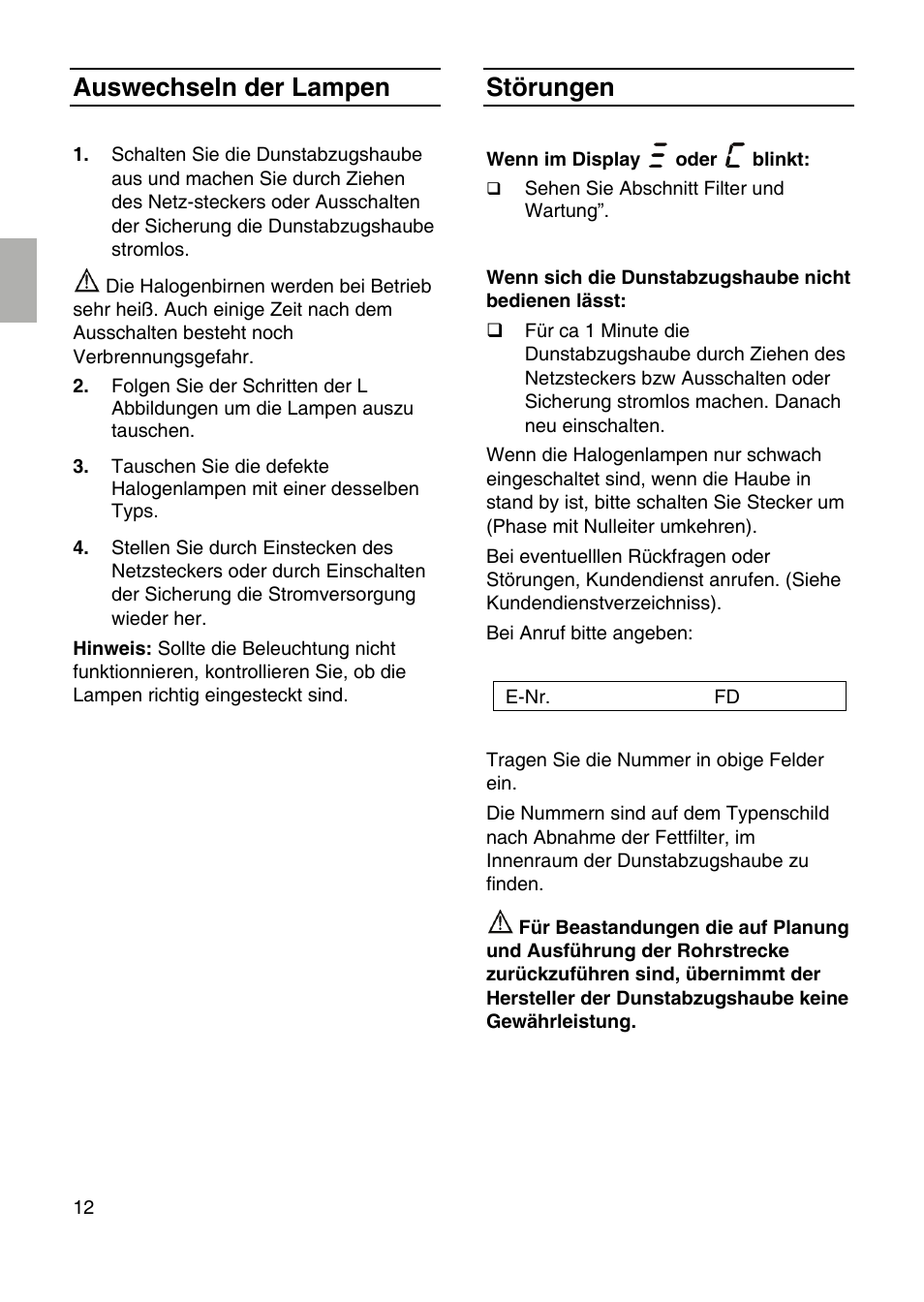 Auswechseln der lampen, Störungen | Siemens LF959RA50 User Manual | Page 12 / 84