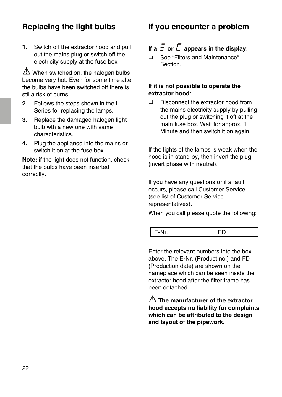 Replacing the light bulbs, If you encounter a problem | Siemens LF959RA50 User Manual | Page 22 / 84