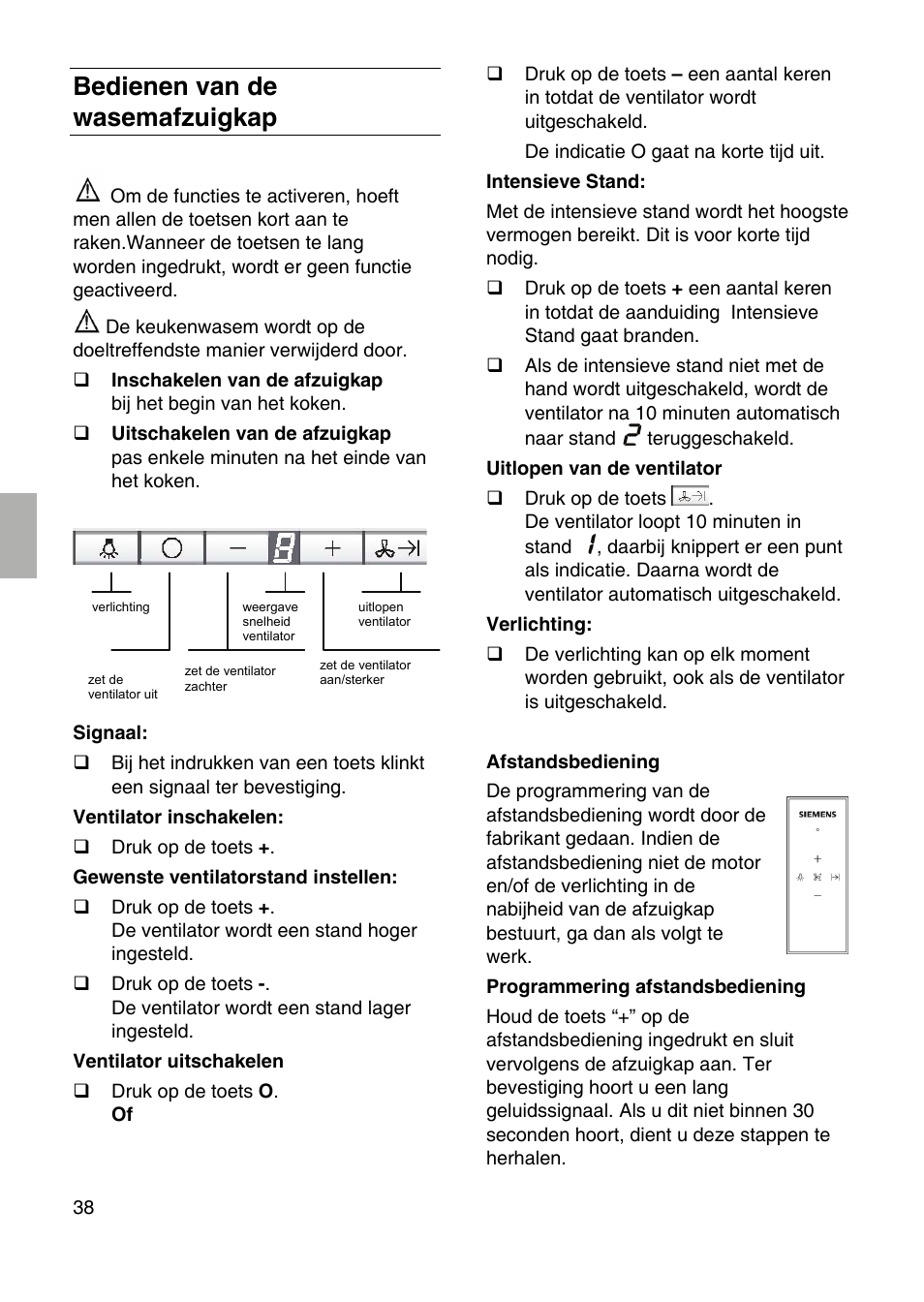 Bedienen van de wasemafzuigkap | Siemens LF959RA50 User Manual | Page 38 / 84