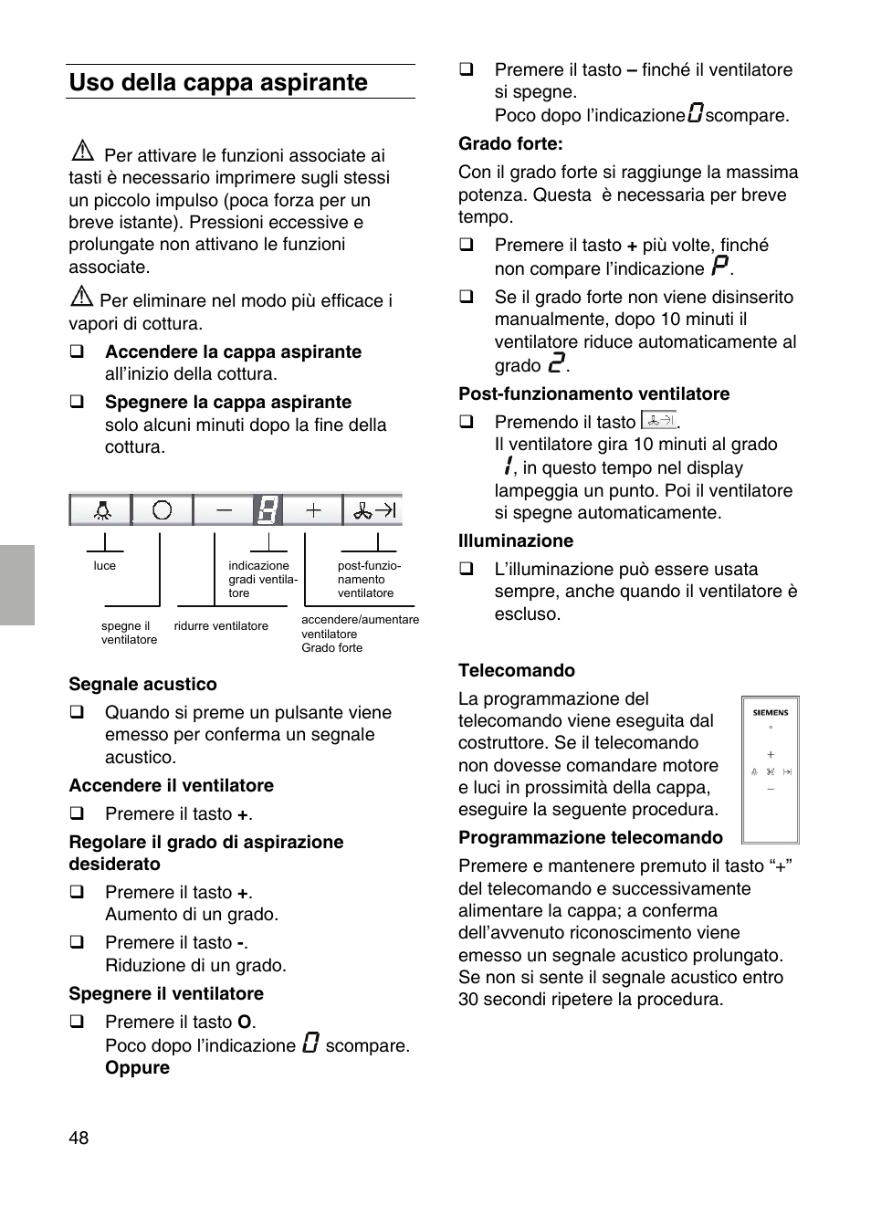 Uso della cappa aspirante | Siemens LF959RA50 User Manual | Page 48 / 84