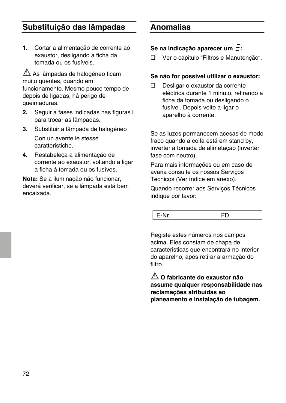 Substituição das lâmpadas, Anomalias | Siemens LF959RA50 User Manual | Page 72 / 84