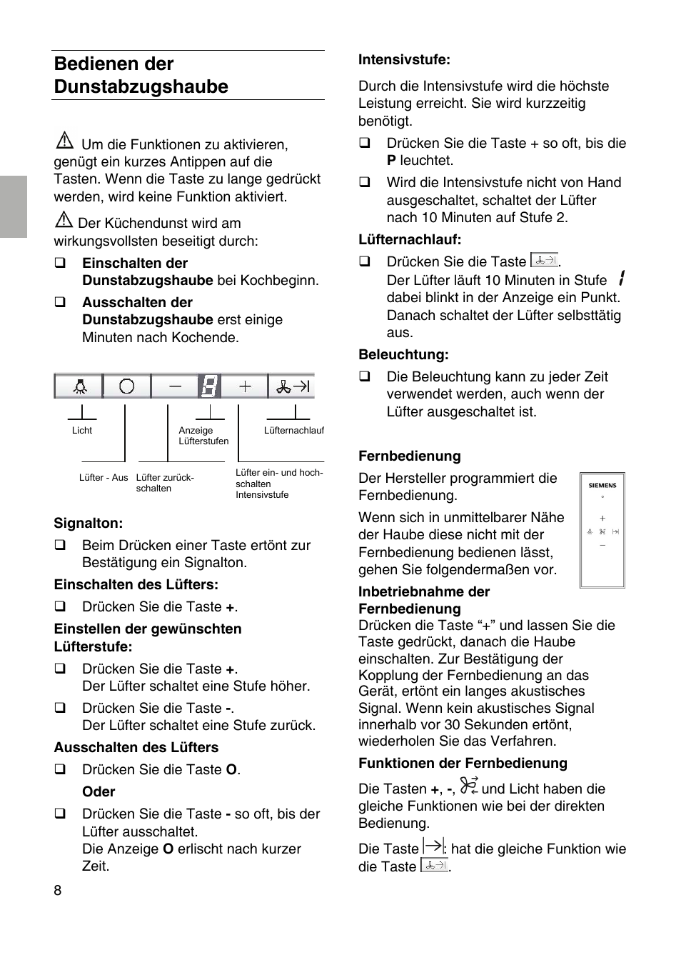 Bedienen der dunstabzugshaube | Siemens LF959RA50 User Manual | Page 8 / 84