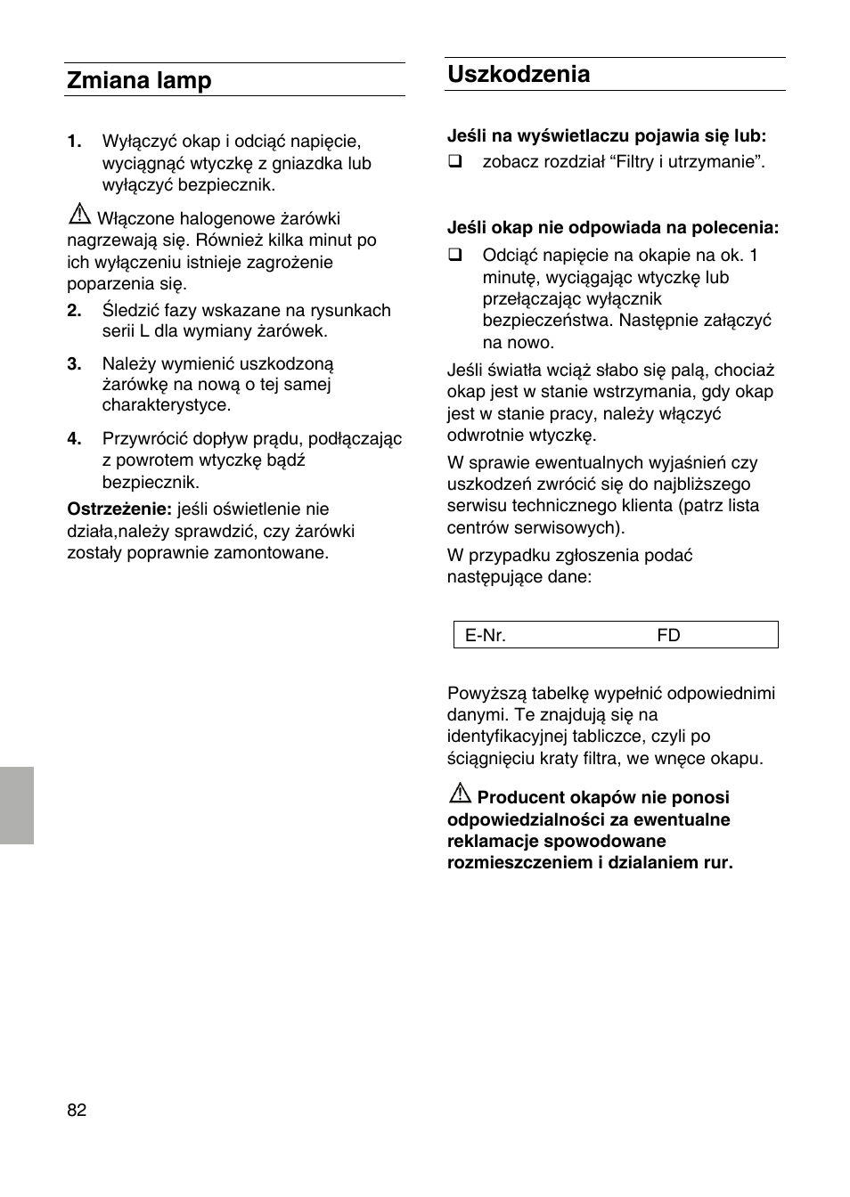 Zmiana lamp, Uszkodzenia | Siemens LF959RA50 User Manual | Page 82 / 84