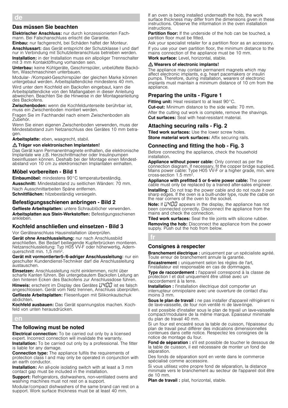 Das müssen sie beachten, Träger von elektronischen implantaten, Möbel vorbereiten - bild 1 | Befestigungsschienen anbringen - bild 2, Kochfeld anschließen und einsetzen - bild 3, The following must be noted, Wearers of electronic implants, Preparing the units - figure 1, Attaching securing rails - fig. 2, Connecting and fitting the hob - fig. 3 | Siemens ET675FN17E User Manual | Page 2 / 8