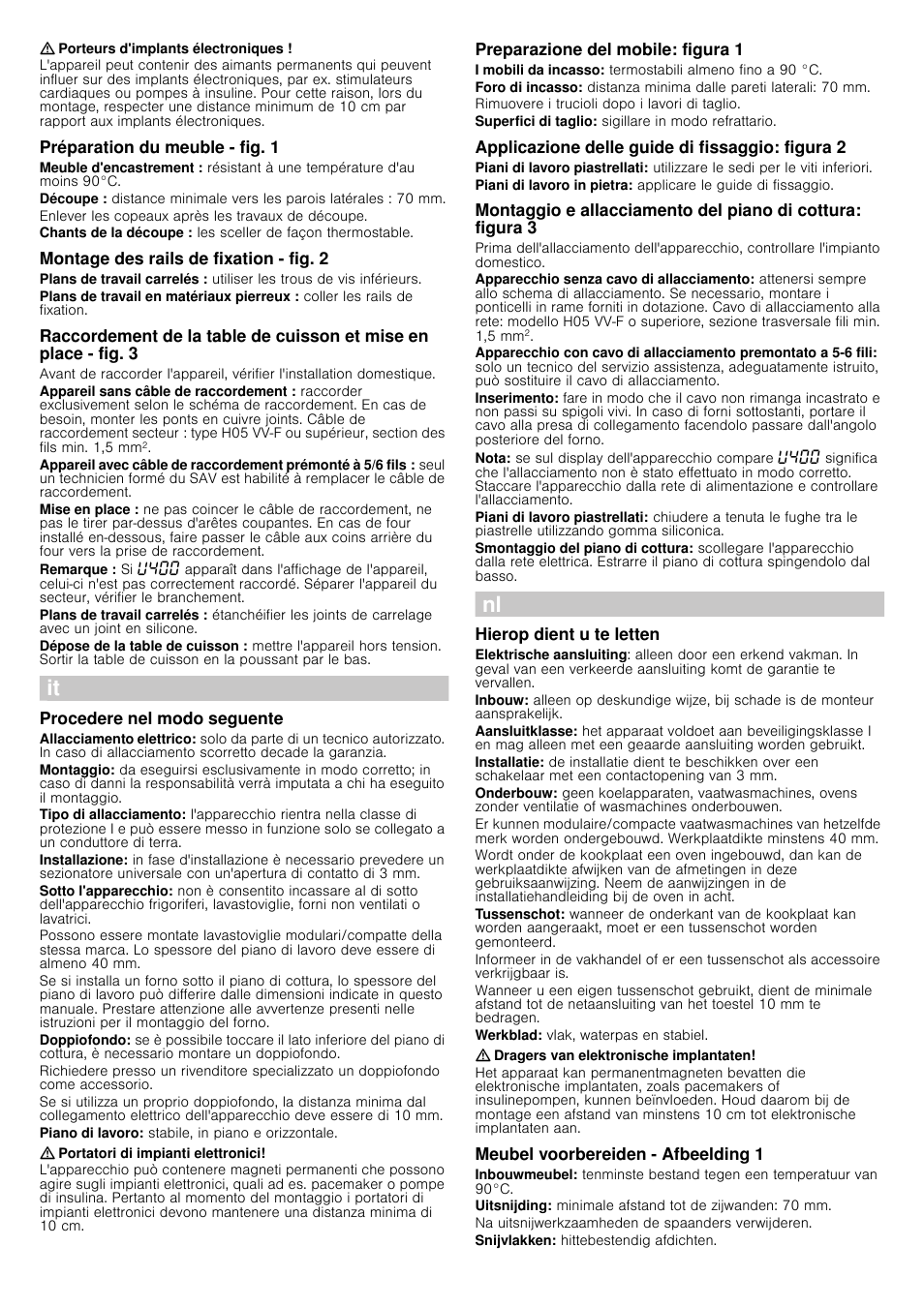 Porteurs d'implants électroniques, Préparation du meuble - fig. 1, Montage des rails de fixation - fig. 2 | Procedere nel modo seguente, Portatori di impianti elettronici, Preparazione del mobile: figura 1, Applicazione delle guide di fissaggio: figura 2, Hierop dient u te letten, Dragers van elektronische implantaten, Meubel voorbereiden - afbeelding 1 | Siemens ET675FN17E User Manual | Page 3 / 8