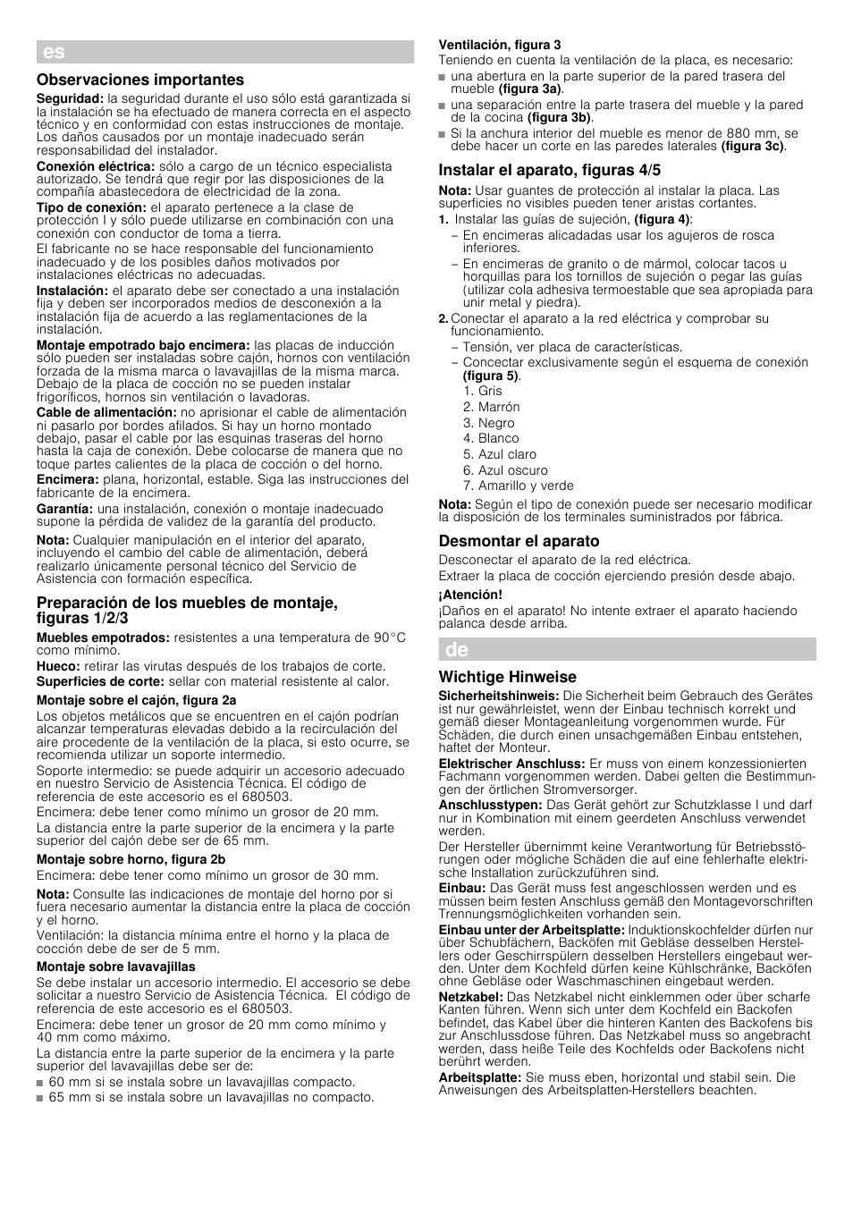 Û instrucciones de montaje, Observaciones importantes, Nota | Montaje sobre el cajón, figura 2a, Montaje sobre horno, figura 2b, Montaje sobre lavavajillas, Ventilación, figura 3, Instalar el aparato, figuras 4/5, Instalar las guías de sujeción, (figura 4), Desmontar el aparato | Siemens EH975SK11E User Manual | Page 3 / 14
