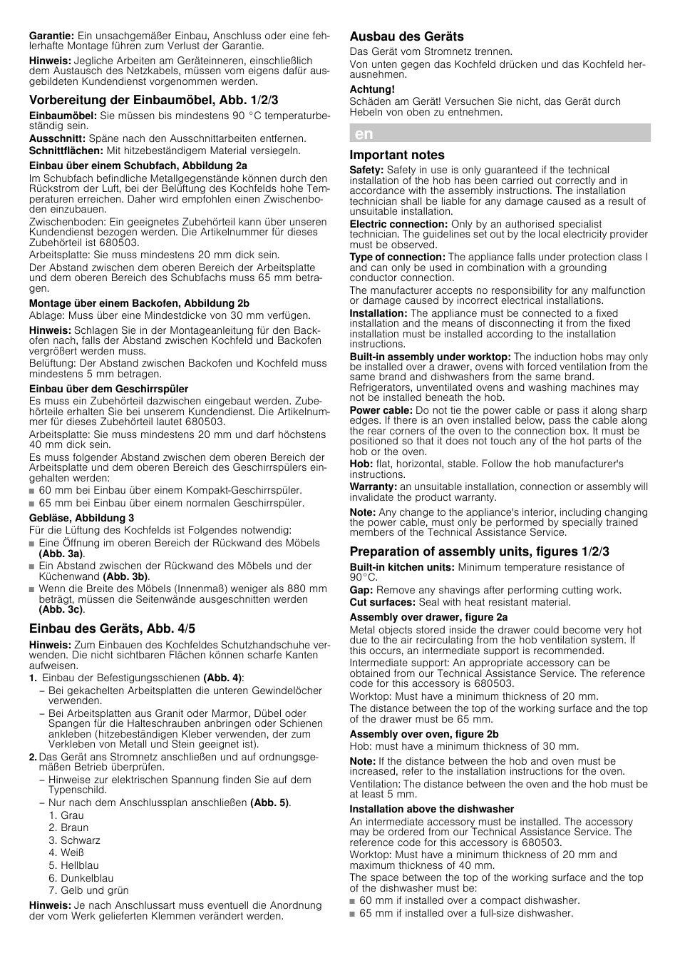 Hinweis, Vorbereitung der einbaumöbel, abb. 1/2/3, Einbau über einem schubfach, abbildung 2a | Arbeitsplatte: sie muss mindestens 20 mm dick sein, Montage über einem backofen, abbildung 2b, Einbau über dem geschirrspüler, Gebläse, abbildung 3, Einbau des geräts, abb. 4/5, Einbau der befestigungsschienen (abb. 4), Ausbau des geräts | Siemens EH975SK11E User Manual | Page 4 / 14