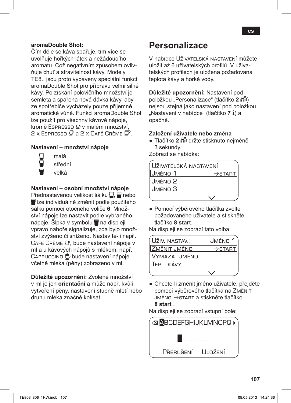 Personalizace | Siemens TE803209RW User Manual | Page 111 / 160