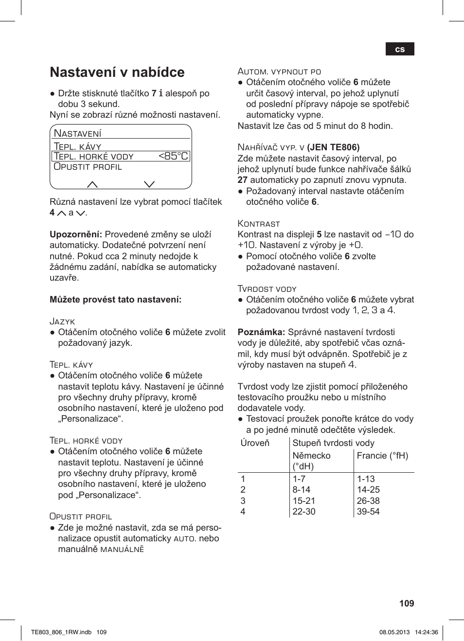 Nastavení v nabídce | Siemens TE803209RW User Manual | Page 113 / 160