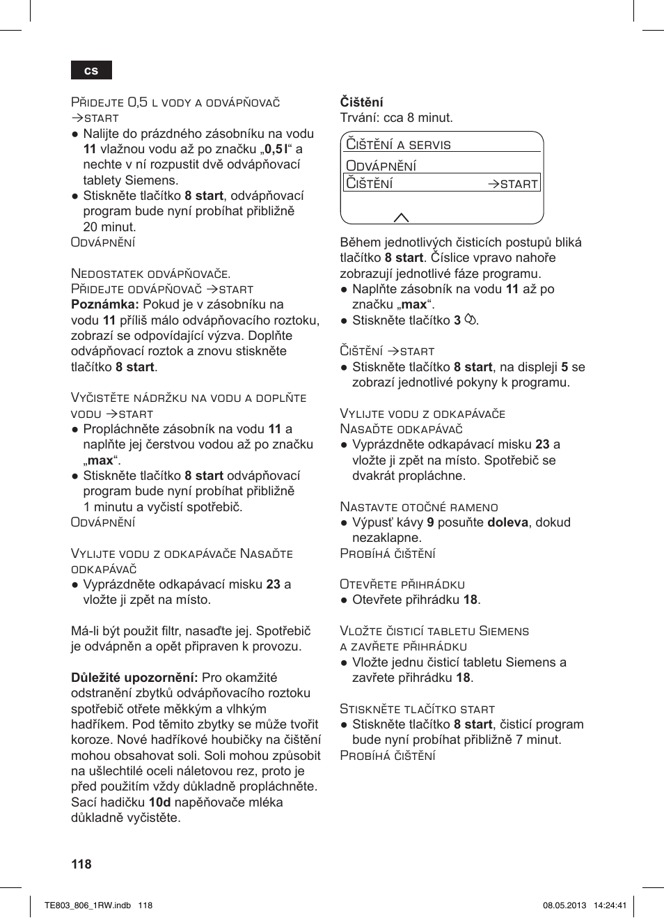 Čištění a servis odvápnění čištění, Start | Siemens TE803209RW User Manual | Page 122 / 160