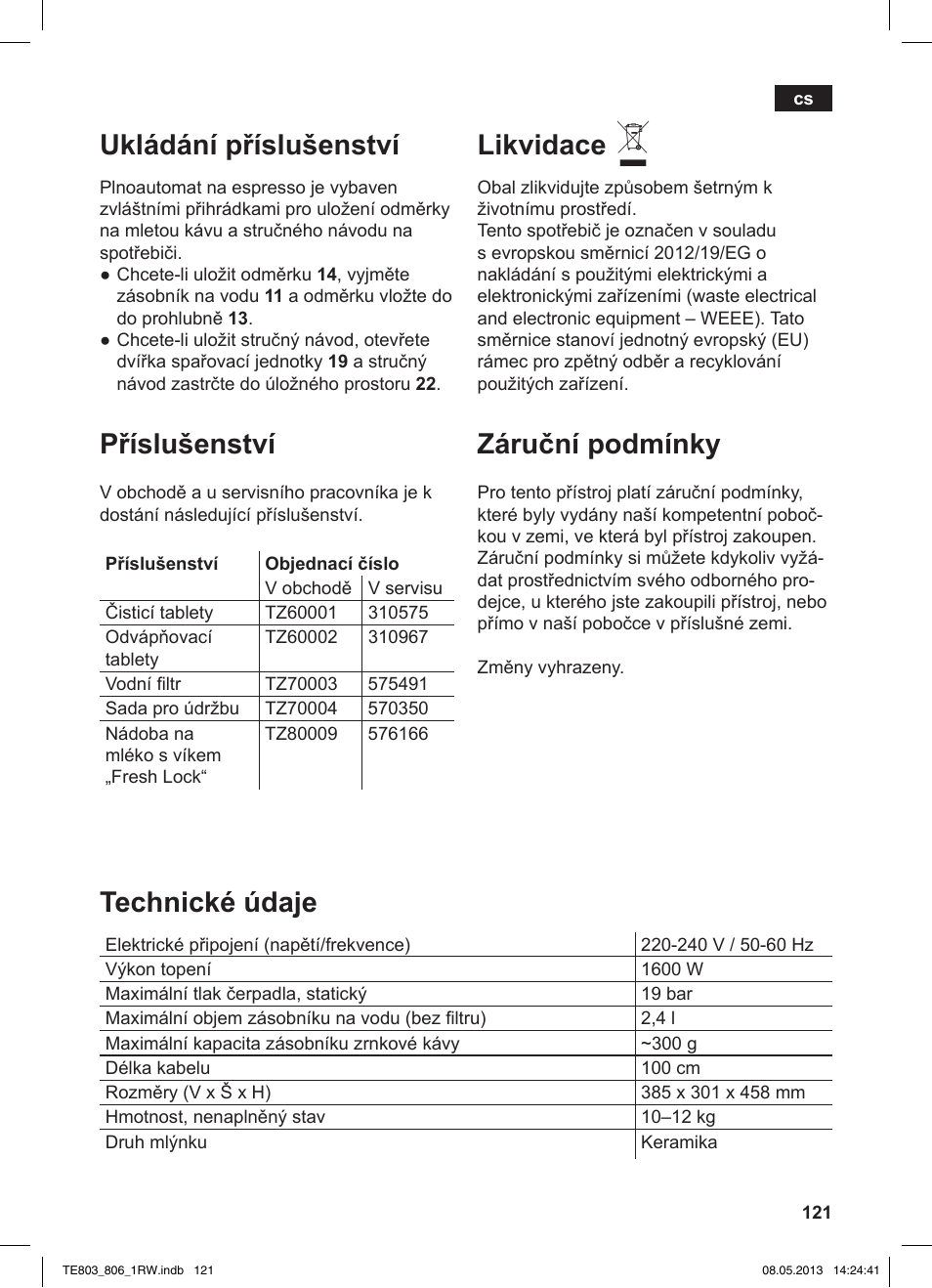 Ukládání příslušenství, Příslušenství, Likvidace | Záruční podmínky, Technické údaje | Siemens TE803209RW User Manual | Page 125 / 160