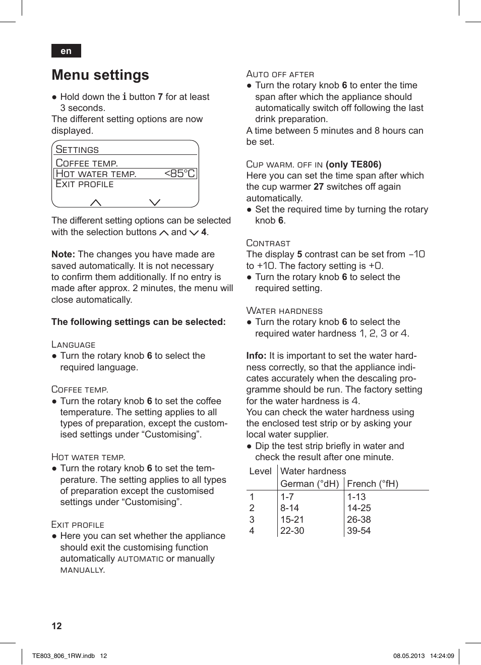 Menu settings | Siemens TE803209RW User Manual | Page 16 / 160