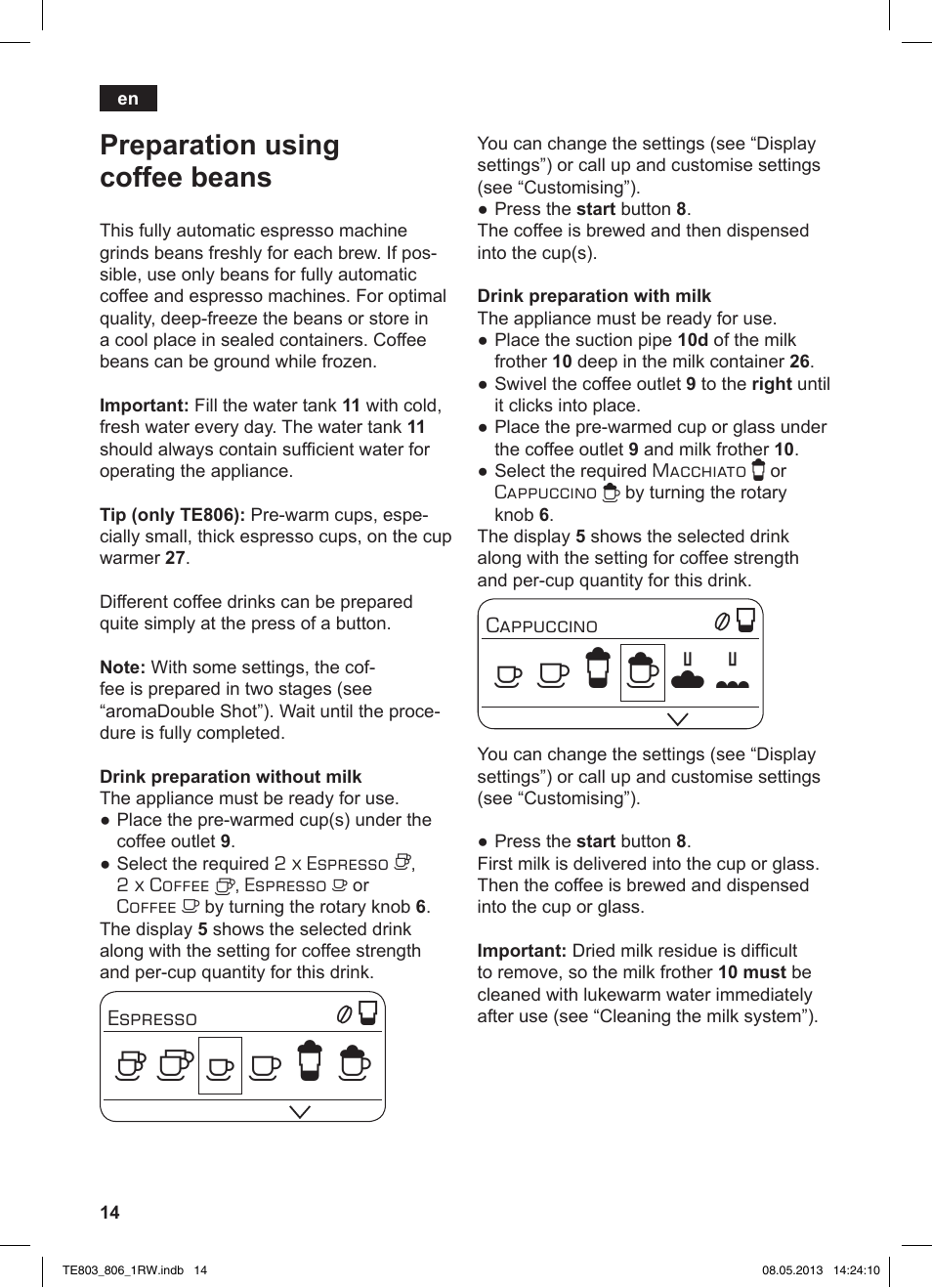 Preparation using coffee beans | Siemens TE803209RW User Manual | Page 18 / 160