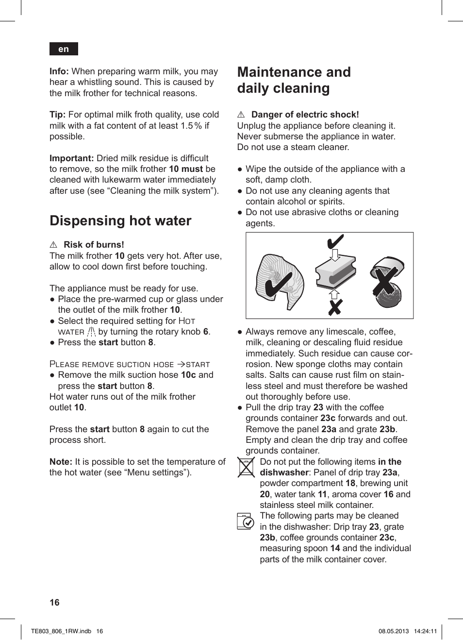 Dispensing hot water, Maintenance and daily cleaning | Siemens TE803209RW User Manual | Page 20 / 160