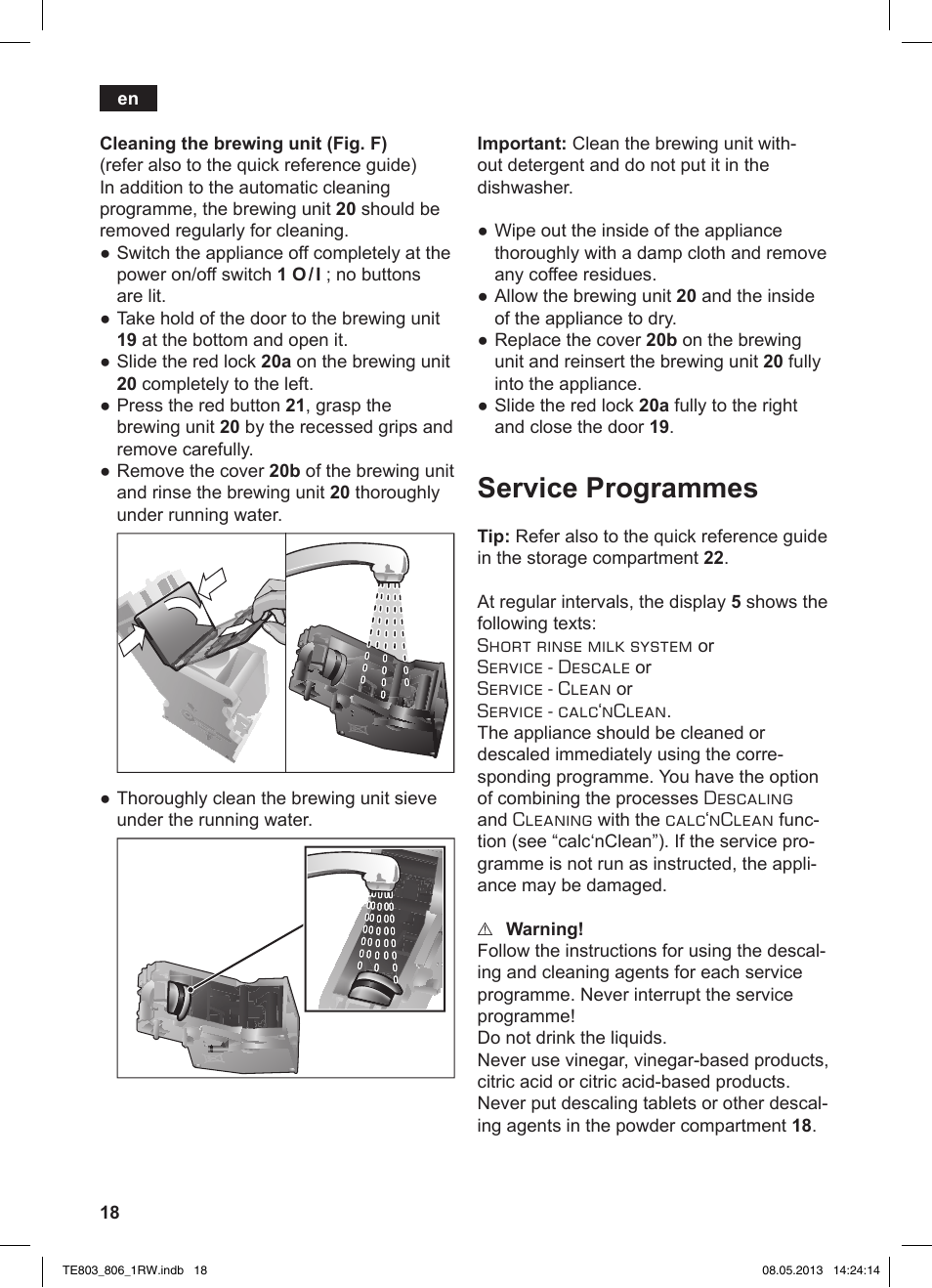 Service programmes | Siemens TE803209RW User Manual | Page 22 / 160