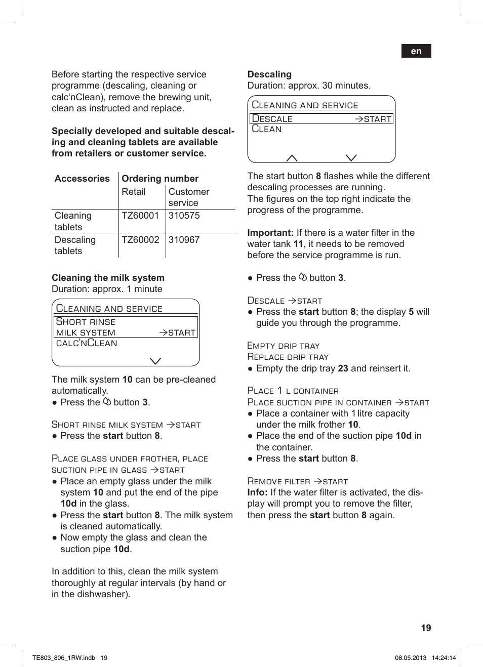 Cleaning and service short rinse milk system, Start calc‘nclean, Cleaning and service descale | Start clean | Siemens TE803209RW User Manual | Page 23 / 160