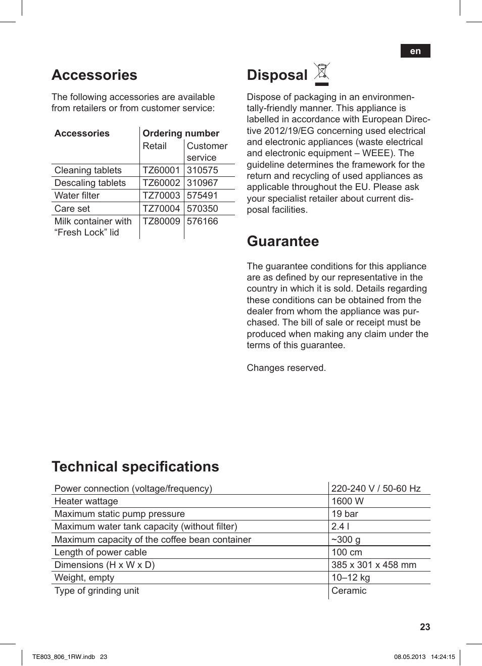 Accessories, Technical specifications, Disposal | Guarantee | Siemens TE803209RW User Manual | Page 27 / 160