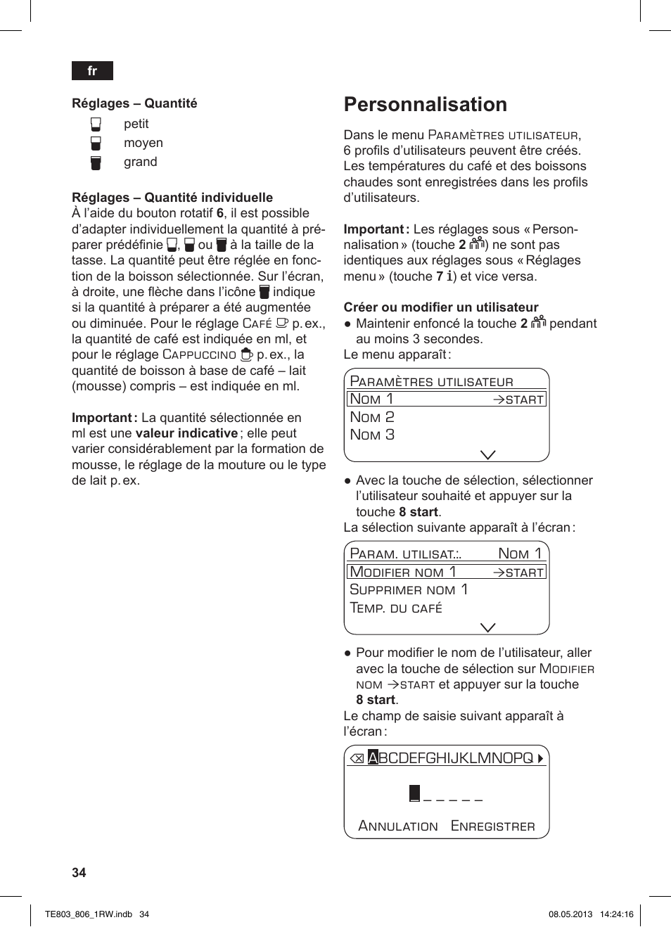 Personnalisation | Siemens TE803209RW User Manual | Page 38 / 160